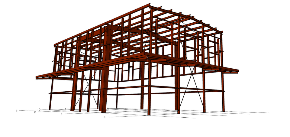 A 3D model of a house with metal framing, designed using Northern State Steel's Metal Building Systems.
