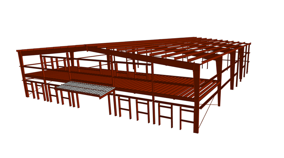 A 3D model of a building with a steel frame, designed with Northern State Steel expertise in metal building systems.