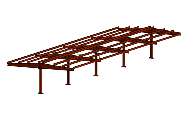 A 3d rendering of a Northern State Steel metal roof structure.